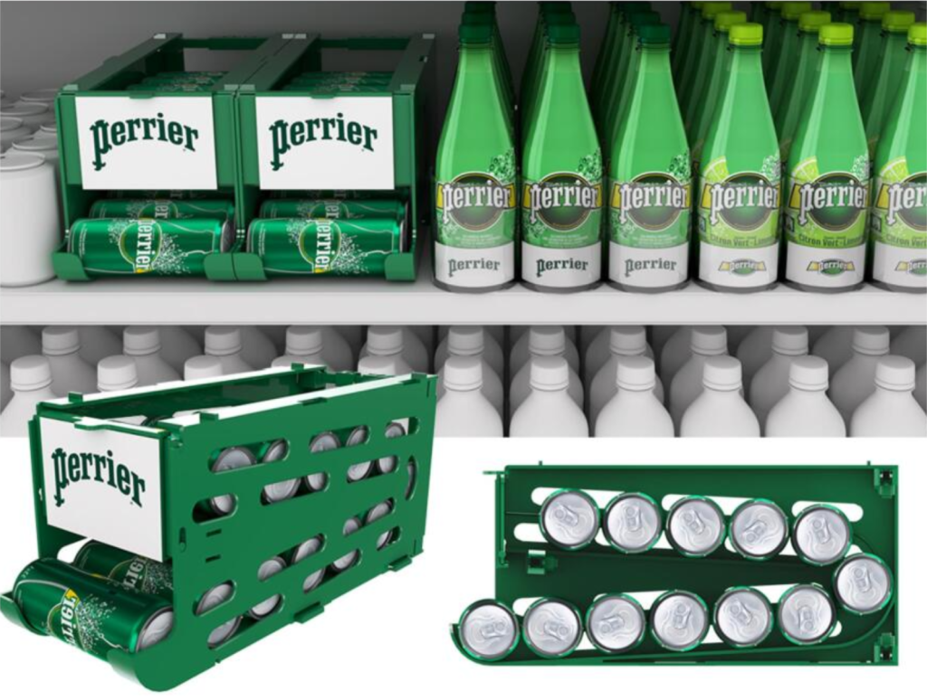 PLV de linéaire Perrier - système d'autofacing de linéaire en plastique