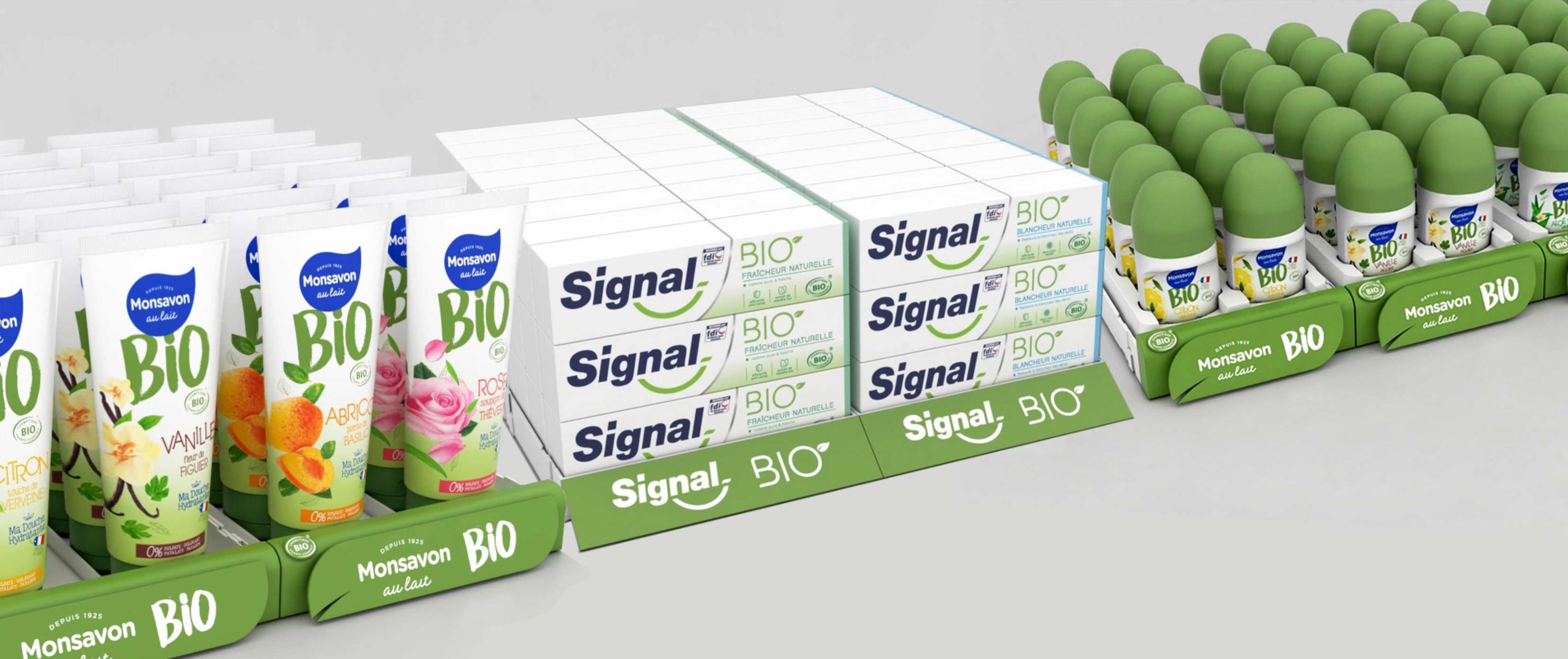 PLV de linéaire Signal Bio et Monsavon Bio en plastique