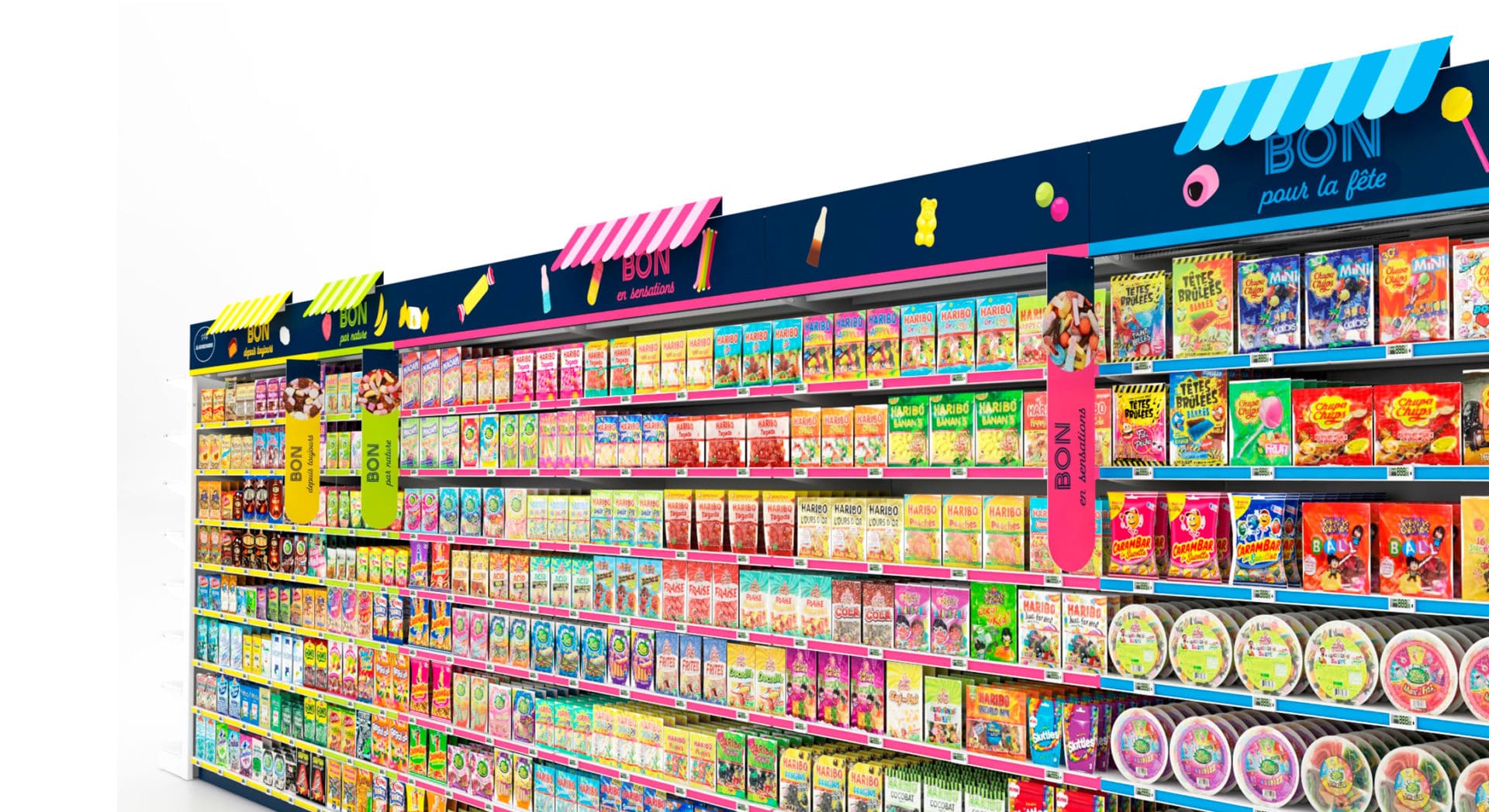 Image du balisage catégoriel catman de Carambar, merchandising alimentaire de rayon bonbons