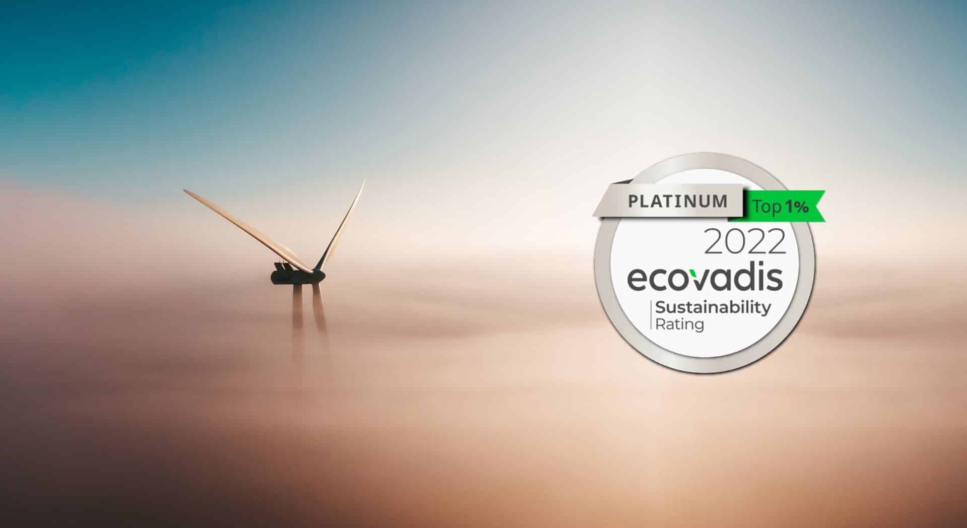 Image page d'accueil éolienne et nuages avec la médaille Cameleon group EcoVadis platinum rse