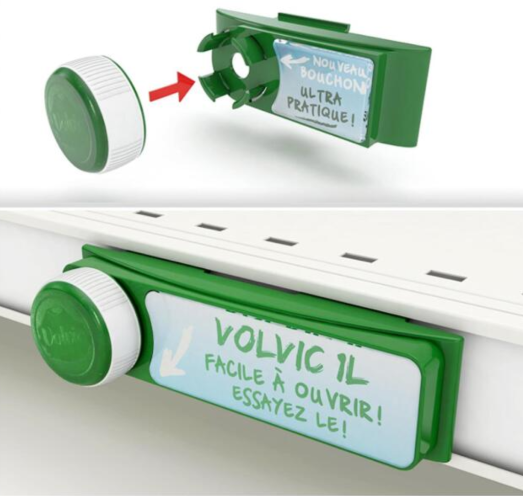 PLV de linéaire Volvic - étiquette clip de linéaire en plastique
