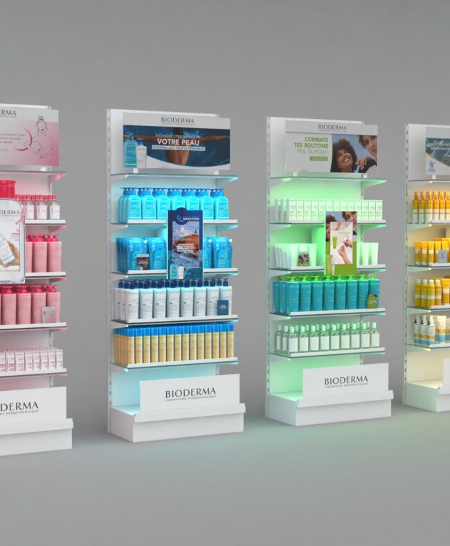 Habillage de tête de gondole Bioderma réalisé par Cameleon Group